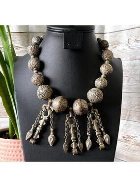 Vintage Tribal Statement Necklace Silver Tone Bead Fringe Boho Ethnic